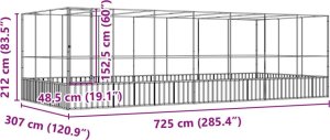 vidaXL Woliera z przedłużeniem, srebrna, 725x307x212 cm, stal 8