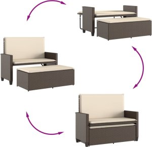 vidaXL Ławka ogrodowa z poduszkami i podnóżkiem, brązowa, polirattan 8