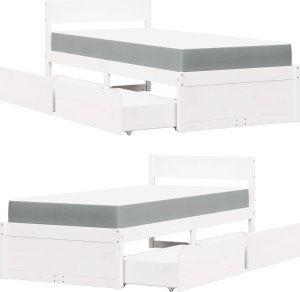 vidaXL Łóżko z szufladami i materacem, białe, 90x200 cm, sosnowe 11