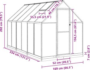 vidaXL Szklarnia z ramą podstawy, zielona, 334x169x202 cm, aluminium 9