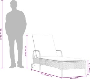 vidaXL Leżak na kółkach, z poduszką, czarny, polirattan 11