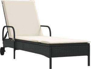 vidaXL Leżak na kółkach, z poduszką, czarny, polirattan 2