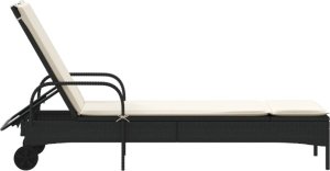 vidaXL Leżak na kółkach, z poduszką, czarny, polirattan 5