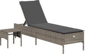 vidaXL Leżak ze stolikiem i poduszką, szary, polirattan 2