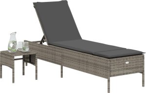 vidaXL Leżak ze stolikiem i poduszką, szary, polirattan 3