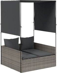 vidaXL Podwójna leżanka z daszkiem i zasłonami, szary polirattan 2