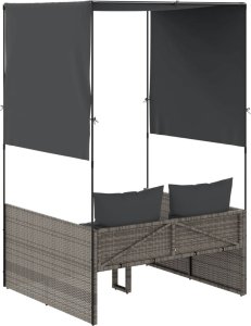 vidaXL Podwójna leżanka z daszkiem i zasłonami, szary polirattan 5
