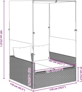 vidaXL Podwójna leżanka z daszkiem i zasłonami, szary polirattan 8