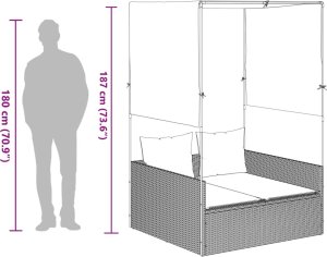 vidaXL Podwójna leżanka z daszkiem i zasłonami, szary polirattan 9