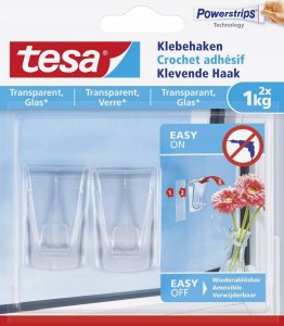 Tesa tesa adhesive hook, 2pcs., for transparent surfaces and glass, up to 1kg per hook, transparent 1