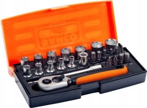 Bahco Galvučių, terkšlės ir priedų rinkinukas 4-13mm, antgaliai PH,HEX,TORX 1/4" 25vnt blisteryje. Bahco 1