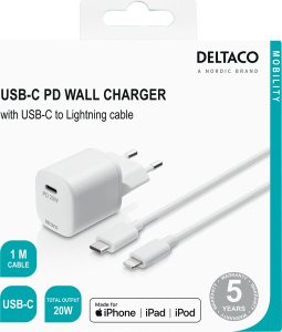 Kabel zasilający Deltaco USB sieninis įkroviklis, USB-C, PD 20 W, 1 m C - „Lightning“ USBC-AC141 5