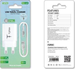 Ładowarka T-Phox ŁAD SIEC POCKET SERIES 2xUSB TCC-224 2.4A 12W + KABEL USB-C 1M WHITE 3