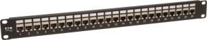 Terminal sieciowy Eaton Eaton Tripp Lite Series 24-Port Shielded Cat6 Patch Panel Feed Through Rackmount RJ45 1URM TAA - Patch Panel - CAT 6e - STP - RJ-45 X 24 - Schwarz - 1U - 48.3 cm (19") 1