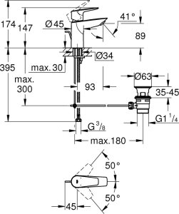 Bateria umywalkowa Grohe Bateria umywalkowa BauEdge, DN 15, rozmiar S, z zestawem odpływowym, przepływ 5,7 l/min. 7