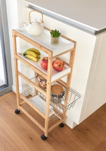 Zeller Wózek do kuchni w kolorze białym, barek na kółkach, pomocnik kuchenny, półka do kuchni, białe półki, meble bambusowe, ZELLER 3