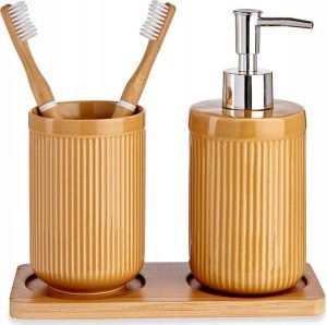 Berilo Zestaw łazienkowy ceramiczny na bambusowej podstawce, dozownik + kubek 2