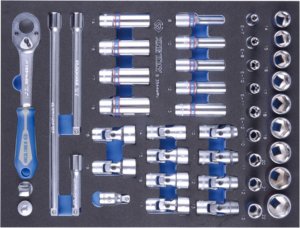 King Tony ZESTAW NASADEK 3/8" 44cz. KRÓTKIE 6-kąt.10-22mm,DŁUGIE 12-kąt. 8-19mm, Z AKCESORIAMI, WKŁAD Z PIANKI EVA DO WÓZKA King Tony 1