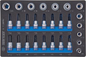 King Tony ZESTAW NASADEK 3/8" + 1/2", HEX H3 - H12, TORX T15 + T50, GWIAZDKI E8 - E20, WKŁAD Z PIANKI, DO WÓZKA King Tony 1