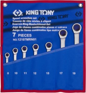 King Tony ZESTAW KLUCZY PŁASKO-OCZKOWYCH Z GRZECHOTKĄ JEDNOKIERUNKOWĄ 7cz. 8 - 19mm, ETUI King Tony 1