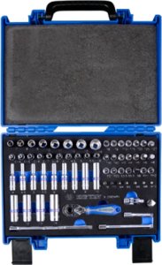 King Tony ZESTAW NARZĘDZI 1/4" 65cz. NASADKI KRÓTKIE + DŁUGIE, 6-kąt. 4 - 14mm, BITY, Z GRZECHOTKĄ I AKCESORIAMI, WALIZKA King Tony 1
