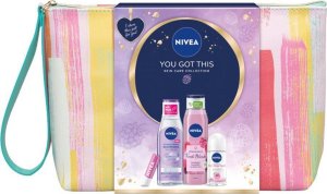 Nivea Nivea You Got This antyperspirant roll-on 50ml + odświeżający żel pod prysznic 300ml + pielęgnująca pomadka do ust 5.5ml + kojący płyn micelarny 200ml + kosmetyczka 1