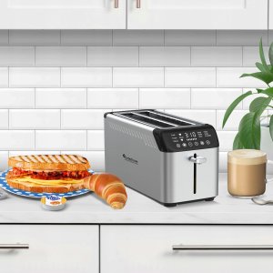 Toster TurboTronic Toster TurboTronic na 4 kanapki opiekacz do tostów grzanki kromek 1600w 7 poziomów opiekania cyfrowy wyświetlacz Srebrny 8