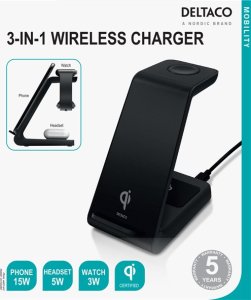 Ładowarka Deltaco 3-in-1 belaidis įkroviklis DELTACO 15 W, USB-C, Qi sertifikuotas, LED indikatorius, juodas / QI-1037 7