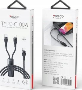 Kabel USB Yesido yesido Kabel CA87 Type-C-2w1 100W 1.4m, BLACK / CZARNY 2