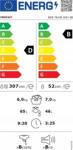Pralko-suszarka Indesit INDESIT | Washing machine with Dryer | BDE 76435 WSV EE | Energy efficiency class B/D | Front loading | Washing capacity 7 kg | 1351 RPM | Depth 54 cm | Width 60 cm | LCD | Drying system | Drying capacity 6 kg | Steam function | Wh 14