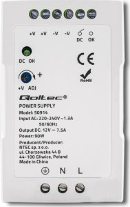 Zasilacz serwerowy Qoltec Qoltec Zasilacz na szynę DIN 90W 12V 7.5A Biały Slim 7
