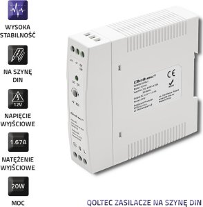 Zasilacz serwerowy Qoltec Qoltec Zasilacz na szynę DIN 20W 12V 1.67A Biały Slim 4