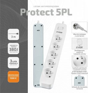 Listwa zasilająca Ever Listwa antyprzepięciowa Ever Proect 5PL 3m biała 5