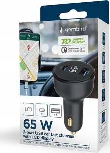 Ładowarka Gembird GEMBIRD Szybka ładowarka samochodowa 2x USB Type-C PD LCD 65 W czarna 1