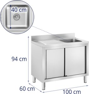 Royal Catering Zlew basen gastronomiczny jednokomorowy z szafką z drzwiami przesuwnymi prawy 100 x 60 x 94 cm Zlew basen gastronomiczny jednokomorowy z szafką z drzwiami przesuwnymi prawy 100 x 60 x 94 cm 9