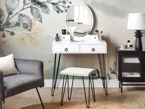 Beliani Toaletka 4 szuflady lustro LED ze stołkiem biało-czarna SOYE 2