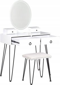 Beliani Toaletka 4 szuflady lustro LED ze stołkiem biało-czarna SOYE 6