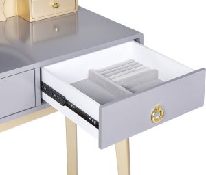 Beliani Toaletka 4 szuflady lustro LED ze stołkiem szaro-złota FEDRY 6
