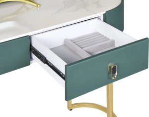 Beliani Toaletka 2 szuflady lustro LED z pufem zielono-złota VINAX 11