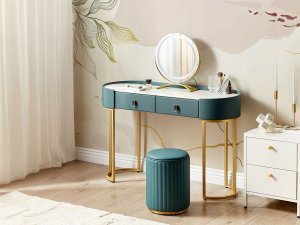 Beliani Toaletka 2 szuflady lustro LED z pufem zielono-złota VINAX 2