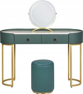 Beliani Toaletka 2 szuflady lustro LED z pufem zielono-złota VINAX 4