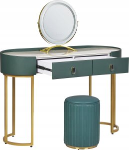 Beliani Toaletka 2 szuflady lustro LED z pufem zielono-złota VINAX 6