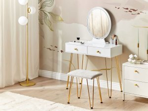 Beliani Toaletka 2 szuflady lustro LED ze stołkiem biało-złota CAEN 2