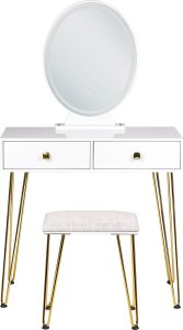 Beliani Toaletka 2 szuflady lustro LED ze stołkiem biało-złota CAEN 4