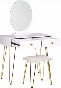 Beliani Toaletka 2 szuflady lustro LED ze stołkiem biało-złota CAEN 6