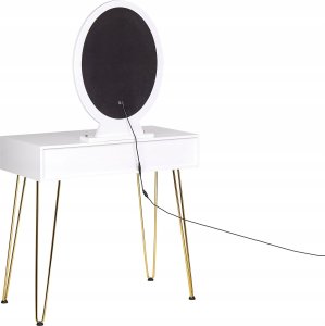 Beliani Toaletka 2 szuflady lustro LED ze stołkiem biało-złota CAEN 7