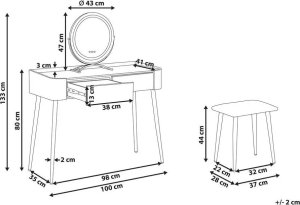 Beliani Toaletka 2 szuflady lustro LED ze stołkiem szaro-złota SURIN 11