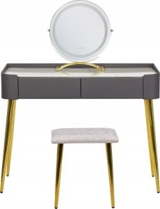 Beliani Toaletka 2 szuflady lustro LED ze stołkiem szaro-złota SURIN 3