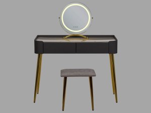 Beliani Toaletka 2 szuflady lustro LED ze stołkiem szaro-złota SURIN 4