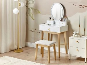 Beliani Toaletka 3 szuflady lustro LED ze stołkiem biało-złota ROSEY 11